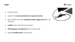  Funded in 2014
 Leader in the security solutions for cryptocurrencies
 Sold 1 million units of the Hardware Wallet Ledger Nano S? in 165
countries
 3 offices : Paris, Vierzon & San Francisco
 100 Employees, 35 engineers (20 / 4 one year ago)
 Raised 75 million USD in January 2018
Ledger
 