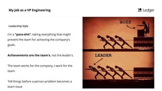 I'm a "para-shit", taking everything that might
prevent the team for achieving the company's
goals.
Achievements are the team's, not the leader's.
The team works for the company, I work for the
team.
Tell things before a person problem becomes a
team issue
My Job as a VP Engineering
Leadership Style
 