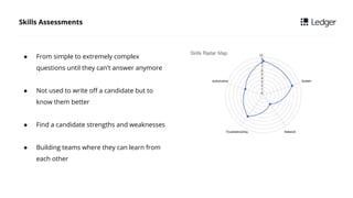 Skills Assessments
 From simple to extremely complex
questions until they can't answer anymore
 Not used to write off a candidate but to
know them better
 Find a candidate strengths and weaknesses
 Building teams where they can learn from
each other
 