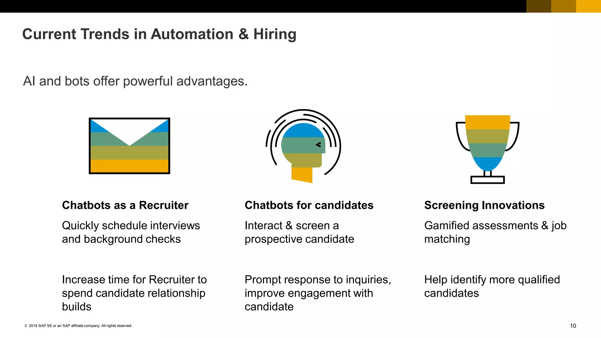 10© 2018 SAP SE or an SAP affiliate company. All rights reserved.
Current Trends in Automation & Hiring
AI and bots offer powerful advantages.
Chatbots as a Recruiter
Quickly schedule interviews
and background checks
Increase time for Recruiter to
spend candidate relationship
builds
Chatbots for candidates
Interact & screen a
prospective candidate
Prompt response to inquiries,
improve engagement with
candidate
Screening Innovations
Gamified assessments & job
matching
Help identify more qualified
candidates
 