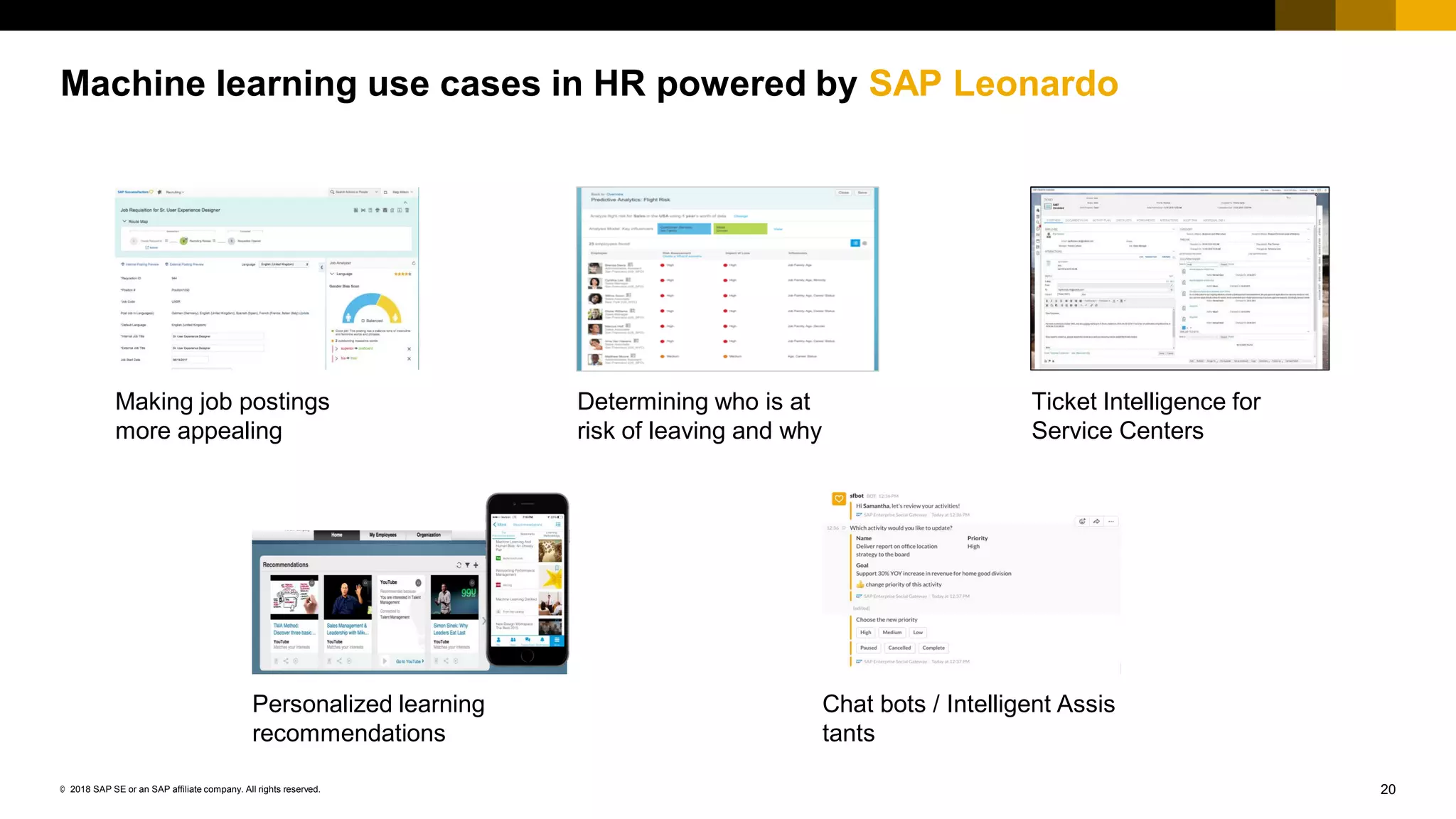 20© 2018 SAP SE or an SAP affiliate company. All rights reserved.
Machine learning use cases in HR powered by SAP Leonardo
Making job postings
more appealing
Determining who is at
risk of leaving and why
Ticket Intelligence for
Service Centers
Personalized learning
recommendations
Chat bots / Intelligent Assis
tants
 