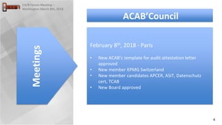 4
CA/B Forum Meeting –
Washington March 8th, 2018
February 8th, 2018 - Paris
• New ACAB’c template for audit attestation letter
approved
• New member KPMG Switzerland
• New member candidates APCER, ASIT, Datenschutz
cert, TCAB
• New Board approved
Meetings
ACAB’Council
 