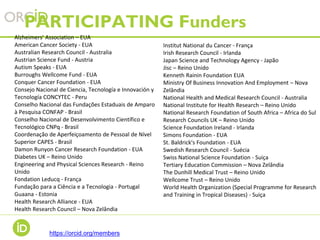 PARTICIPATING Funders
Alzheimers' Association – EUA
American Cancer Society - EUA
Australian Research Council - Australia
Austrian Science Fund - Austria
Autism Speaks - EUA
Burroughs Wellcome Fund - EUA
Conquer Cancer Foundation - EUA
Consejo Nacional de Ciencia, Tecnología e Innovación y
Tecnología CONCYTEC - Peru
Conselho Nacional das Fundações Estaduais de Amparo
à Pesquisa CONFAP - Brasil
Conselho Nacional de Desenvolvimento Científico e
Tecnológico CNPq - Brasil
Coordenação de Aperfeiçoamento de Pessoal de Nível
Superior CAPES - Brasil
Damon Runyon Cancer Research Foundation - EUA
Diabetes UK – Reino Unido
Engineering and Physical Sciences Research - Reino
Unido
Fondation Leducq - França
Fundação para a Ciência e a Tecnologia - Portugal
Guaana - Estonia
Health Research Alliance - EUA
Health Research Council – Nova Zelândia
https://orcid.org/members
Institut National du Cancer - França
Irish Research Council - Irlanda
Japan Science and Technology Agency - Japão
Jisc – Reino Unido
Kenneth Rainin Foundation EUA
Ministry Of Business Innovation And Employment – Nova
Zelândia
National Health and Medical Research Council - Australia
National Institute for Health Research – Reino Unido
National Research Foundation of South Africa – Africa do Sul
Research Councils UK – Reino Unido
Science Foundation Ireland - Irlanda
Simons Foundation - EUA
St. Baldrick's Foundation - EUA
Swedish Research Council - Suécia
Swiss National Science Foundation - Suiça
Tertiary Education Commission – Nova Zelândia
The Dunhill Medical Trust – Reino Unido
Wellcome Trust – Reino Unido
World Health Organization (Special Programme for Research
and Training in Tropical Diseases) - Suiça
 