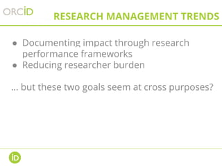 ● Documenting impact through research
performance frameworks
● Reducing researcher burden
… but these two goals seem at cross purposes?
RESEARCH MANAGEMENT TRENDS
 