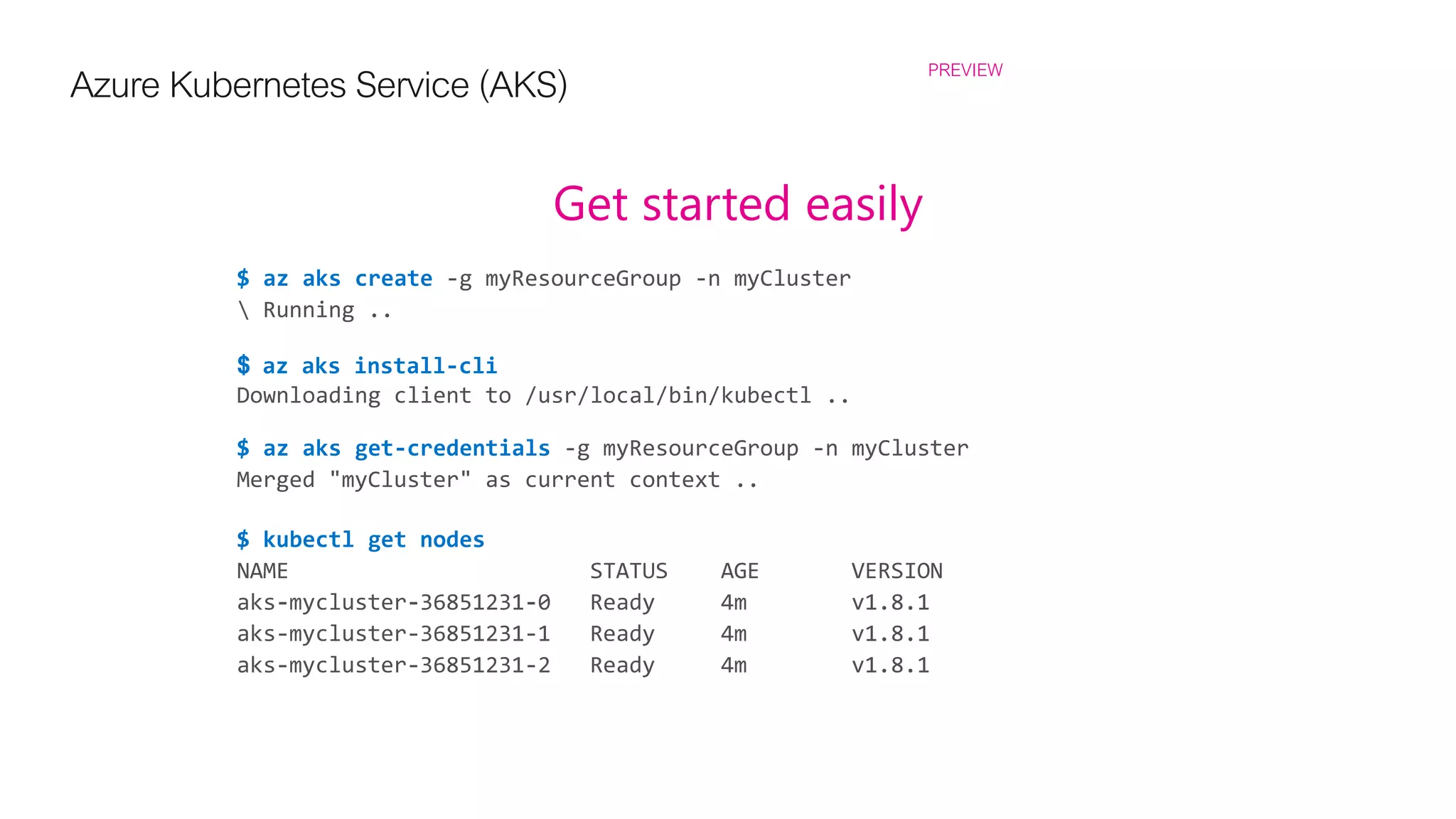 Azure Kubernetes Service (AKS) PREVIEW
Get started easily
$ az aks create
$ az aks install-cli
$ az aks get-credentials
$ kubectl get nodes
 