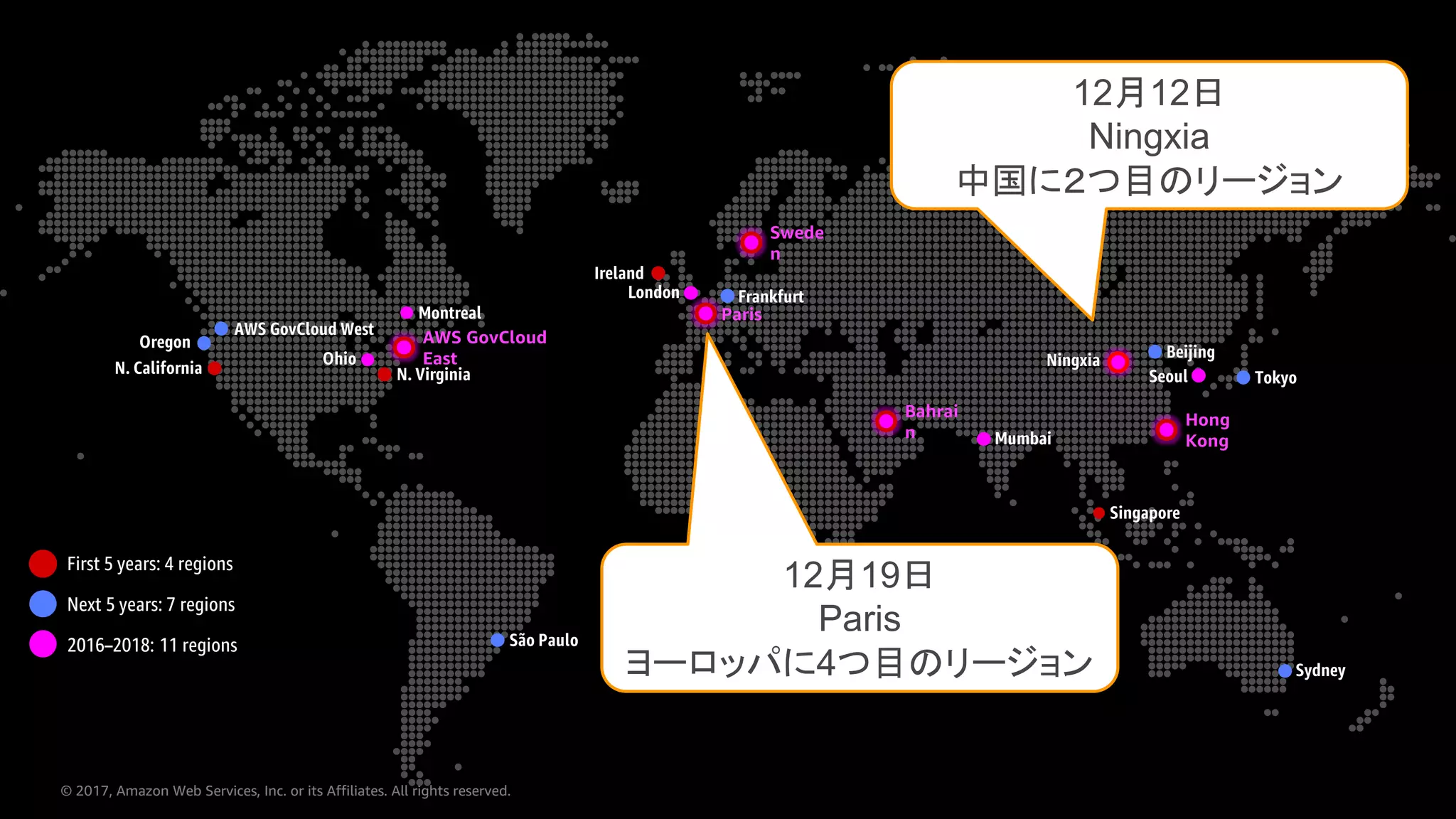 © 2017, Amazon Web Services, Inc. or its Affiliates. All rights reserved.
First 5 years: 4 regions
2016–2018: 11 regions
Next 5 years: 7 regions
12 12
Ningxia
12 19
Paris
4
 