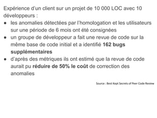 Expérience d’un client sur un projet de 10 000 LOC avec 10
développeurs :
● les anomalies détectées par l’homologation et les utilisateurs
sur une période de 6 mois ont été consignées
● un groupe de développeur a fait une revue de code sur la
même base de code initial et a identifié 162 bugs
supplémentaires
● d’après des métriques ils ont estimé que la revue de code
aurait pu réduire de 50% le coût de correction des
anomalies
Source : Best Kept Secrets of Peer Code Review
 