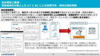26 ©2017 UNIADEX, Ltd. All rights reserved.
住友精密工業様：
回転機械を対象とした IoT と ML による故障予兆・検知の実証実験
実証実験概要：
住友精密工業様では、高圧クーラントポンプが故障に至る推移を検証するための装置・環境を構築し、
ユニアデックスは回転機械を対象としたIoT/機械学習による稼働監視・設備診断サービスを適用します
これらを3ヶ月間にわたって連続稼働させることで、高圧クーラントポンプが故障に至る過程を、
IoT/機械学習によって適切に検知できるかを検証します
http://www.uniadex.co.jp/news/2017/170906_spp-demo-iot.html
高圧クーラントポンプ：工作機械によって切削加工を行う際、非削材と工具の間に
高圧クーラント液を直接噴射する機器。クーラント液中への金属粉の混入が避けら
れないため、耐久性の高い構造が求められている
 