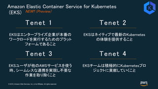 © 2018, Amazon Web Services, Inc. or its Affiliates. All rights reserved.
Amazon Elastic Container Service for Kubernetes
(EKS)
Tenet 1
EKSはエンタープライズ企業が本番の
ワークロードを実行するためのプラット
フォームであること
Tenet 2
EKSはネイティブで最新のKubernetes
の体験を提供すること
Tenet 3
EKSユーザが他のAWSサービスを使う
時、シームレスな連携を実現し不要な
作業を取り除くこと
Tenet 4
EKSチームは積極的にKubernetesプロ
ジェクトに貢献していくこと
NEW!! (Preview)
 