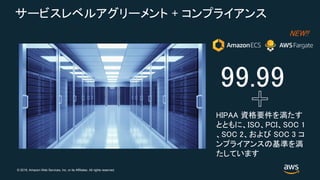© 2018, Amazon Web Services, Inc. or its Affiliates. All rights reserved.
サービスレベルアグリーメント + コンプライアンス
99.99
NEW!!
HIPAA 資格要件を満たす
とともに、ISO、PCI、SOC 1
、SOC 2、および SOC 3 コ
ンプライアンスの基準を満
たしています
 