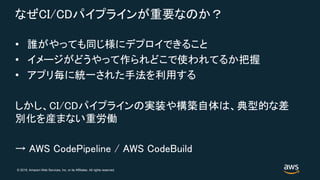 © 2018, Amazon Web Services, Inc. or its Affiliates. All rights reserved.
なぜCI/CDパイプラインが重要なのか？
• 誰がやっても同じ様にデプロイできること
• イメージがどうやって作られどこで使われてるか把握
• アプリ毎に統一された手法を利用する
しかし、CI/CDパイプラインの実装や構築自体は、典型的な差
別化を産まない重労働
→ AWS CodePipeline / AWS CodeBuild
 