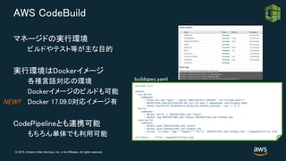 © 2018, Amazon Web Services, Inc. or its Affiliates. All rights reserved.
AWS CodeBuild
マネージドの実行環境
ビルドやテスト等が主な目的
実行環境はDockerイメージ
各種言語対応の環境
Dockerイメージのビルドも可能
Docker 17.09.0対応イメージ有
CodePipelineとも連携可能
もちろん単体でも利用可能
version: 0.2
phases:
pre_build:
commands:
- $(aws ecr get-login --region $AWS_DEFAULT_REGION --no-include-email)
- REPOSITORY_URI=0123456789.dkr.ecr.us-east-1.amazonaws.com/fargate-demo
- IMAGE_TAG=$(echo $CODEBUILD_RESOLVED_SOURCE_VERSION | cut -c 1-7)
build:
commands:
- docker build -t $REPOSITORY_URI:latest .
- docker tag $REPOSITORY_URI:latest $REPOSITORY_URI:$IMAGE_TAG
post_build:
commands:
- docker push $REPOSITORY_URI:latest
- docker push $REPOSITORY_URI:$IMAGE_TAG
- printf '[{"name":"app","imageUri":"%s"}]' $REPOSITORY_URI:$IMAGE_TAG > imageDefinition.json
artifacts: files: imageDefinition.json
buildspec.yaml
NEW!!
 