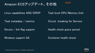 © 2018, Amazon Web Services, Inc. or its Affiliates. All rights reserved.
Amazon ECSアップデート、その他
Linux capabilities ADD/DROP
Task metadata / metrics
Device / Init flag support
Windows support GA
Task level CPU/Memory limit
Circuit breaking for Service
Health check grace period
Container health check
NEW!!
 