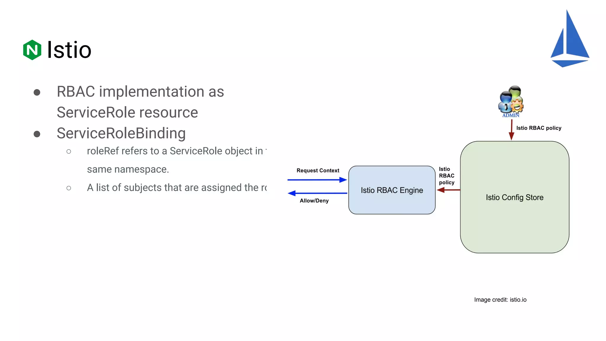 Istio
● RBAC implementation as
ServiceRole resource
● ServiceRoleBinding
○ roleRef refers to a ServiceRole object in the
same namespace.
○ A list of subjects that are assigned the role.
Image credit: istio.io
 
