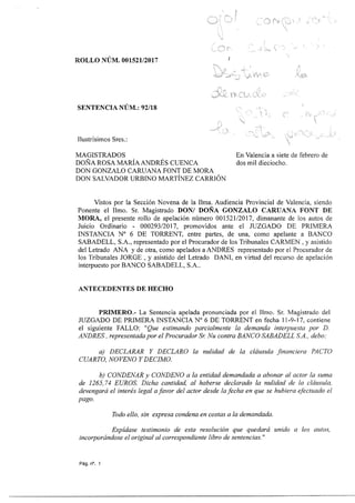 Sentència de la secció 9ª de l'Audiència Provincial de València de 7/2/2018 nº 92