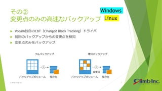 その②
変更点のみの高速なバックアップ
 Veeam独自のCBT（Changed Block Tracking）ドライバ
 前回のバックアップからの変更点を検知
 変更点のみをバックアップ
© 2018 Climb Inc. 7
Windows
Linux
 