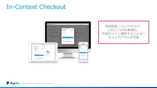 In-Context Checkout
©2016 PayPal Inc. Confidential and proprietary.
利用局面（コンテキスト）
に応じてUXを最適化。
外部サイトに遷移することなく
チェックアウトが可能
 