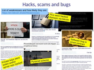 Hacks, scams and bugs
Private keys were
stolen and/or
server was hacked
PCs were hackedRansom via bitcoin
Software bug insmart contract
Pyramid scheme
List of weaknesses and how likely they are:
https://en.bitcoin.it/wiki/Weaknesses
 