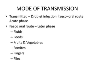 MODE OF TRANSMISSION
• Transmitted – Droplet infection, faeco–oral route
Acute phase
• Faeco oral route – Later phase
– Fluids
– Foods
– Fruits & Vegetables
– Fomites
– Fingers
– Flies
 