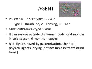 AGENT
• Poliovirus – 3 serotypes 1, 2 & 3
– Type 1– Brunhilde, 2 – Lansing, 3 - Loen
• Most outbreaks - type 1 virus
• It can survive outside the human body for 4 months
in cold season, 6 months – faeces
• Rapidly destroyed by pasteurization, chemical,
physical agents, drying (not available in freeze dried
form )
 