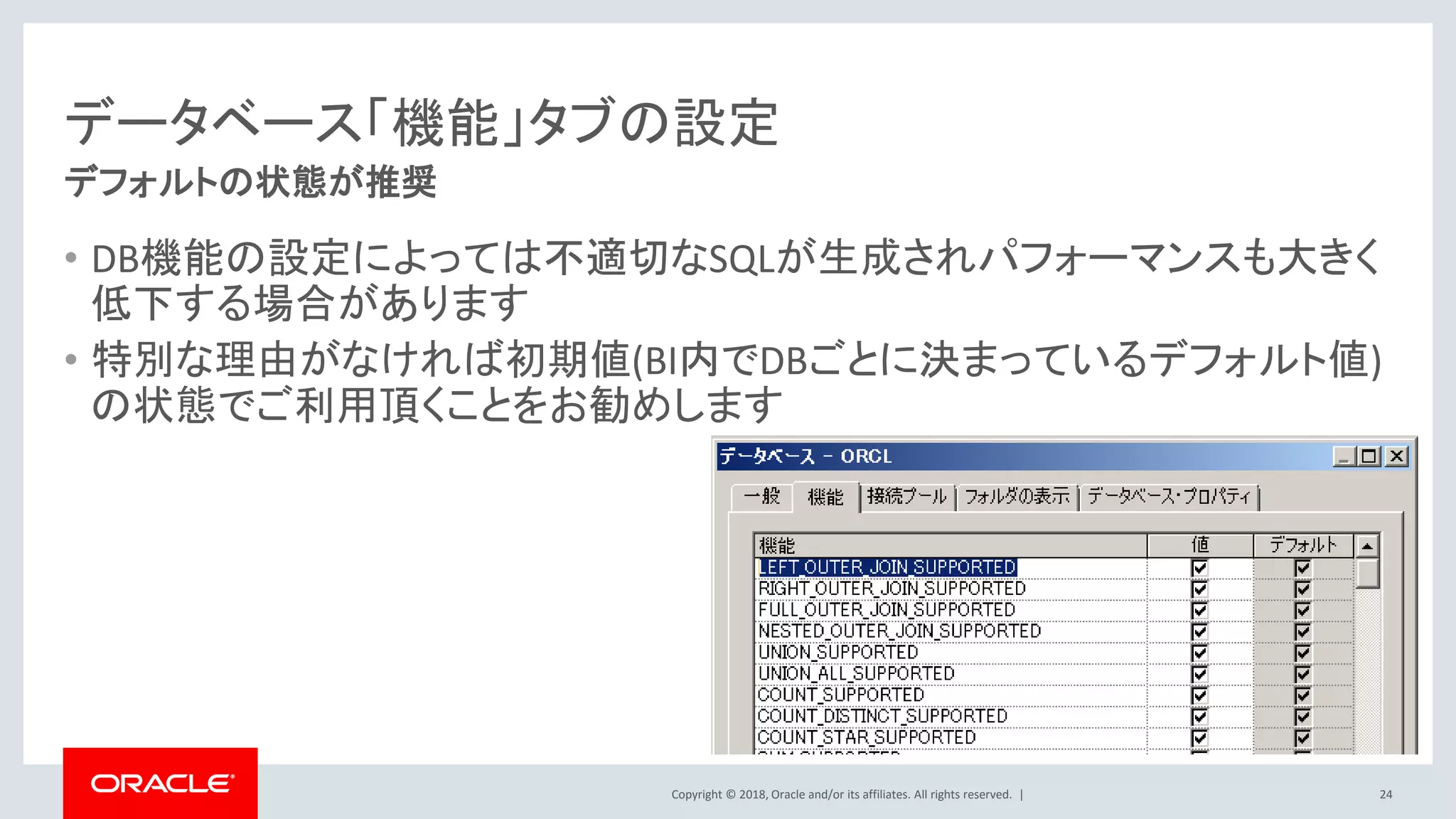 Copyright © 2018, Oracle and/or its affiliates. All rights reserved. |
データベース「機能」タブの設定
• DB機能の設定によっては不適切なSQLが生成されパフォーマンスも大きく
低下する場合があります
• 特別な理由がなければ初期値(BI内でDBごとに決まっているデフォルト値)
の状態でご利用頂くことをお勧めします
デフォルトの状態が推奨
24
 
