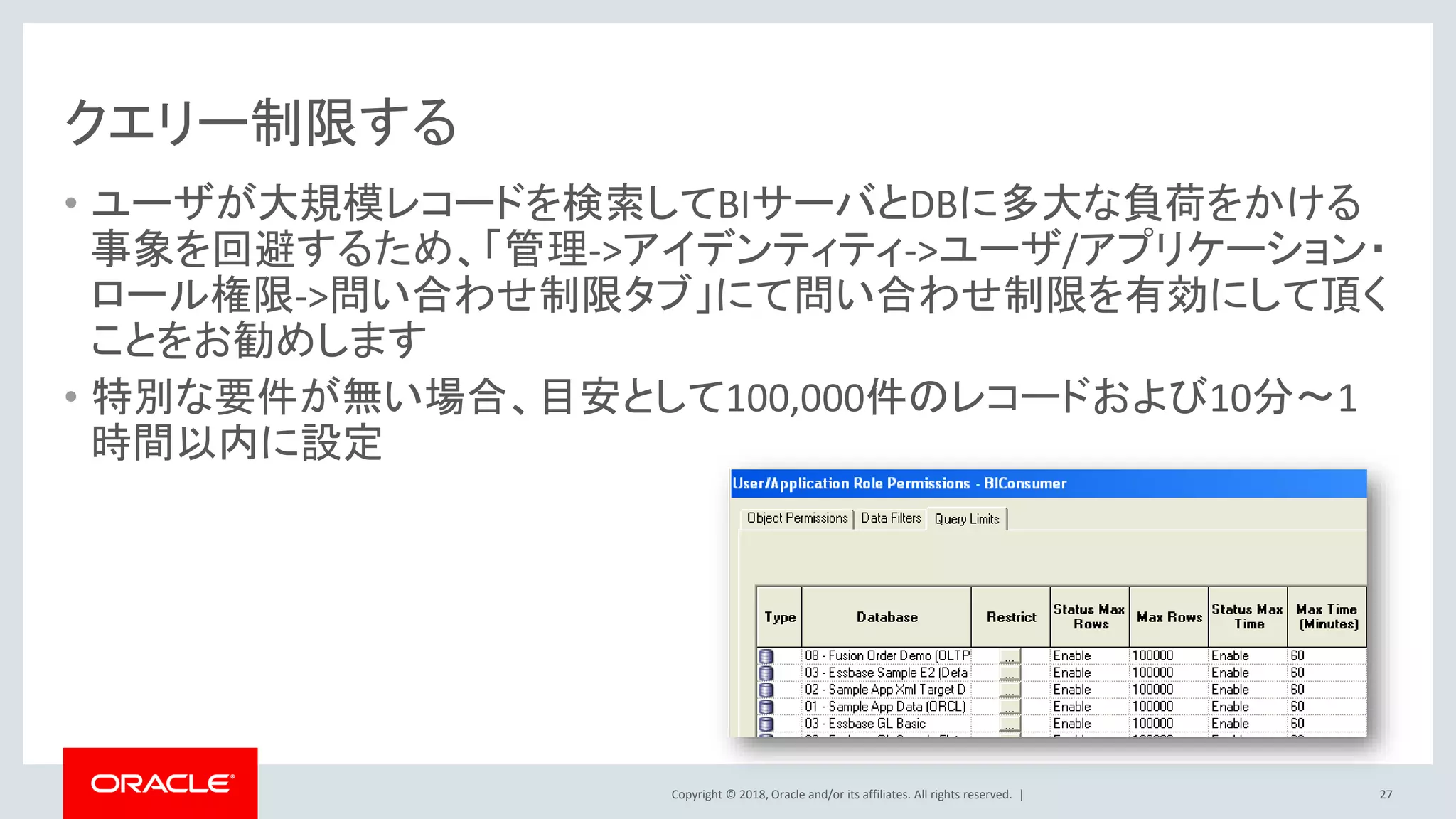 Copyright © 2018, Oracle and/or its affiliates. All rights reserved. |
クエリー制限する
• ユーザが大規模レコードを検索してBIサーバとDBに多大な負荷をかける
事象を回避するため、「管理->アイデンティティ->ユーザ/アプリケーション・
ロール権限->問い合わせ制限タブ」にて問い合わせ制限を有効にして頂く
ことをお勧めします
• 特別な要件が無い場合、目安として100,000件のレコードおよび10分～1
時間以内に設定
27
 