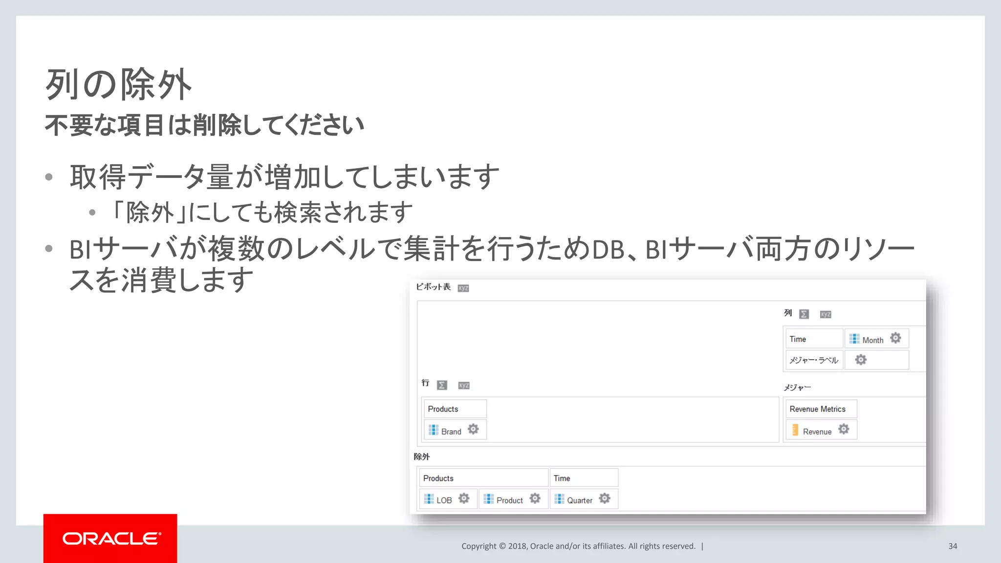Copyright © 2018, Oracle and/or its affiliates. All rights reserved. |
列の除外
• 取得データ量が増加してしまいます
• 「除外」にしても検索されます
• BIサーバが複数のレベルで集計を行うためDB、BIサーバ両方のリソー
スを消費します
34
不要な項目は削除してください
 