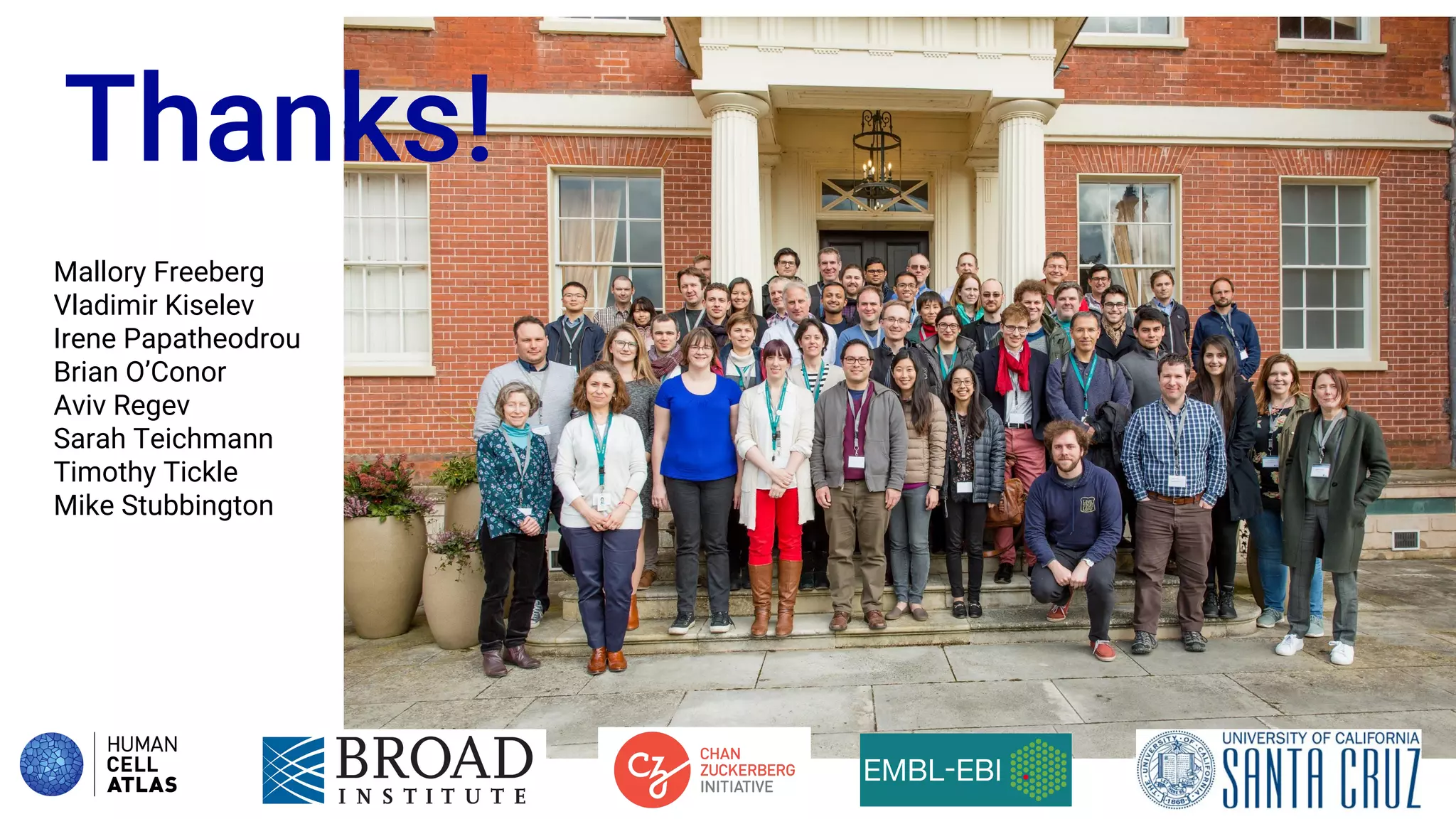 Thanks!
Mallory Freeberg
Vladimir Kiselev
Irene Papatheodrou
Brian O’Conor
Aviv Regev
Sarah Teichmann
Timothy Tickle
Mike Stubbington
 