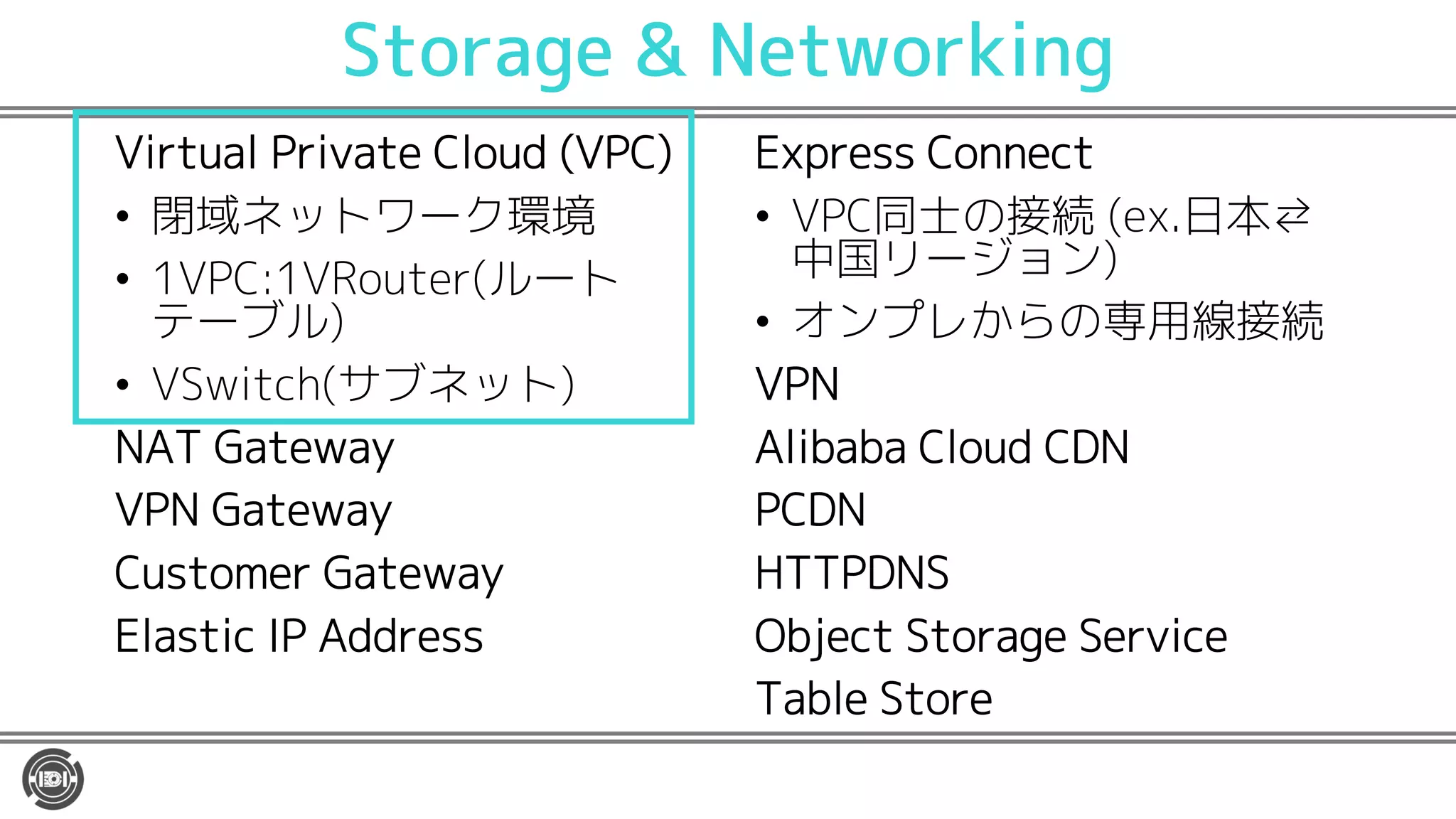 Storage & Networking
Virtual Private Cloud (VPC)
• 閉域ネットワーク環境
• 1VPC:1VRouter(ルート
テーブル)
• VSwitch(サブネット)
NAT Gateway
VPN Gateway
Customer Gateway
Elastic IP Address
Express Connect
• VPC同士の接続 (ex.日本⇄
中国リージョン)
• オンプレからの専用線接続
VPN
Alibaba Cloud CDN
PCDN
HTTPDNS
Object Storage Service
Table Store
 