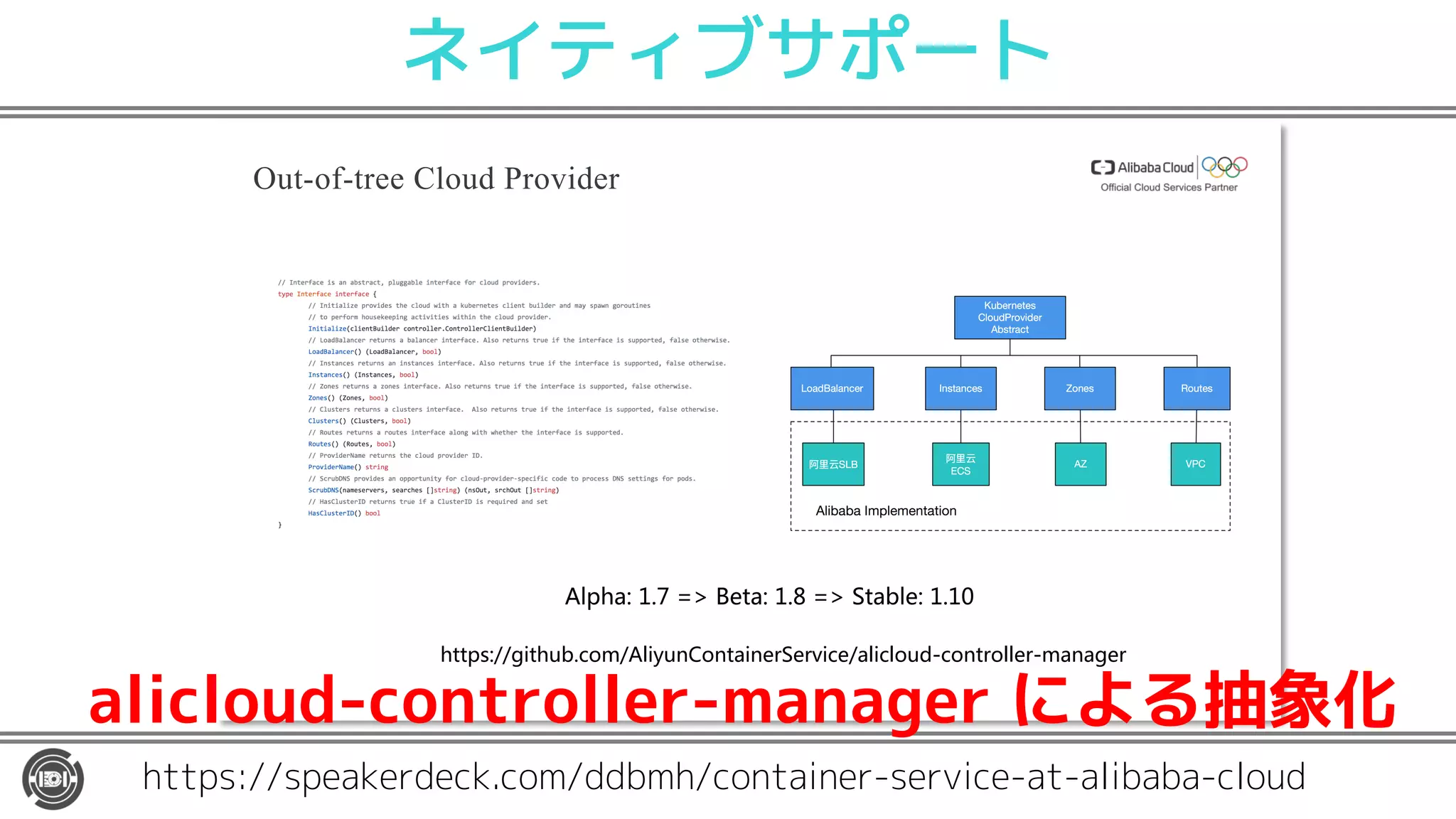 Out-of-tree Cloud Provider
>HHEG = H>I8 DB A IC DCH7 C 7A ADI: DCH DAA B7C7=
AE>7 & H7 & H78A
https://speakerdeck.com/ddbmh/container-service-at-alibaba-cloud
ネイティブサポート
alicloud-controller-manager による抽象化
 