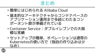 まとめ
• 簡単にはじめられる Alibaba Cloud
• 基本的なアーキテクチャからコンテナベースの
アプリケーション運用まで多岐にわたるコン
ポーネント群が準備されている
• Container Service：ダブルイレブンでの大規
模な実績
• セットアップが簡単、オペレーションは通常の
Kubernetesの使い方で（独自の作り込みは少
なめ）
 