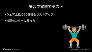 ページタイトルページサブタイトル
©2018 Wantedly, Inc.©2018 Wantedly, Inc. 2018-03-20 shibuya.apk #23 @cattaka_net
気合で実機でテスト
●
シェア上位の60機種をリストアップ
●
検証センターに篭った
 