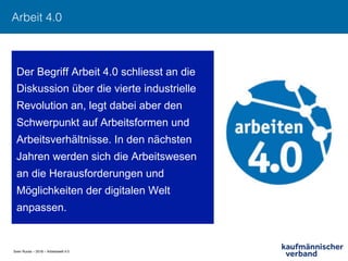 Sven Ruoss – 2018 – Arbeitswelt 4.0
Arbeit 4.0!
Der Begriff Arbeit 4.0 schliesst an die
Diskussion über die vierte industrielle
Revolution an, legt dabei aber den
Schwerpunkt auf Arbeitsformen und
Arbeitsverhältnisse. In den nächsten
Jahren werden sich die Arbeitswesen
an die Herausforderungen und
Möglichkeiten der digitalen Welt
anpassen.
 