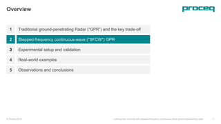 1
Overview
Traditional ground-penetrating Radar (“GPR”) and the key trade-off
Stepped-frequency continuous-wave ("SFCW") GPR
Experimental setup and validation
© Proceq 2018 Looking into concrete with stepped-frequency continuous-wave ground-penetrating radar 11
2
3
Real-world examples4
Observations and conclusions5
 