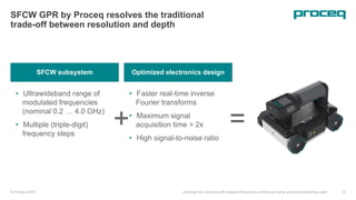 © Proceq 2018 Looking into concrete with stepped-frequency continuous-wave ground-penetrating radar 13
SFCW subsystem
SFCW GPR by Proceq resolves the traditional
trade-off between resolution and depth
• Ultrawideband range of
modulated frequencies
(nominal 0.2 … 4.0 GHz)
• Multiple (triple-digit)
frequency steps
Optimized electronics design
• Faster real-time inverse
Fourier transforms
• Maximum signal
acquisition time > 2x
• High signal-to-noise ratio
+ =
 
