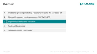 1
Overview
Traditional ground-penetrating Radar (“GPR”) and the key trade-off
Stepped-frequency continuous-wave ("SFCW") GPR
Experimental setup and validation
© Proceq 2018 Looking into concrete with stepped-frequency continuous-wave ground-penetrating radar 16
2
3
Real-world examples4
Observations and conclusions5
 