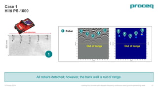 © Proceq 2018 Looking into concrete with stepped-frequency continuous-wave ground-penetrating radar 21
Case 1
Hilti PS-1000
All rebars detected; however, the back wall is out of range.
1
 