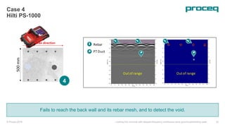 © Proceq 2018 Looking into concrete with stepped-frequency continuous-wave ground-penetrating radar 33
Case 4
Hilti PS-1000
Fails to reach the back wall and its rebar mesh, and to detect the void.
4
 