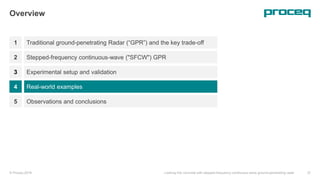 1
Overview
Traditional ground-penetrating Radar (“GPR”) and the key trade-off
Stepped-frequency continuous-wave ("SFCW") GPR
Experimental setup and validation
© Proceq 2018 Looking into concrete with stepped-frequency continuous-wave ground-penetrating radar 37
2
3
Real-world examples4
Observations and conclusions5
 