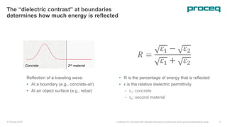 © Proceq 2018 Looking into concrete with stepped-frequency continuous-wave ground-penetrating radar 5
The “dielectric contrast” at boundaries
determines how much energy is reflected
Concrete 2nd material
Reflection of a traveling wave:
• At a boundary (e.g., concrete-air)
• At an object surface (e.g., rebar)
• R is the percentage of energy that is reflected
• ε is the relative dielectric permittivity
 ε1: concrete
 ε2: second material
𝑅 =
𝜀1 − 𝜀2
𝜀1 + 𝜀2
 