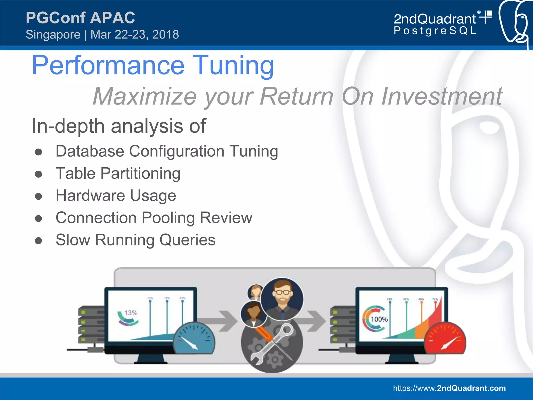 https://www.2ndQuadrant.com
PGConf APAC
Singapore | Mar 22-23, 2018
Performance Tuning
Maximize your Return On Investment
In-depth analysis of
● Database Configuration Tuning
● Table Partitioning
● Hardware Usage
● Connection Pooling Review
● Slow Running Queries
 