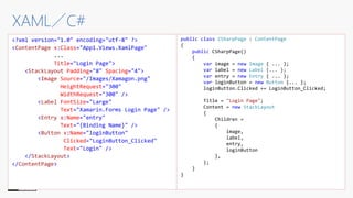 <?xml version="1.0" encoding="utf-8" ?>
<ContentPage x:Class="App1.Views.XamlPage"
...
Title="Login Page">
<StackLayout Padding="8" Spacing="4">
<Image Source="/Images/Xamagon.png"
HeightRequest="300"
WidthRequest="300" />
<Label FontSize="Large"
Text="Xamarin.Forms Login Page" />
<Entry x:Name="entry"
Text="{Binding Name}" />
<Button x:Name="loginButton"
Clicked="LoginButton_Clicked"
Text="Login" />
</StackLayout>
</ContentPage>
public class CSharpPage : ContentPage
{
public CSharpPage()
{
var image = new Image { ... };
var label = new Label {... };
var entry = new Entry { ... };
var loginButton = new Button {... };
loginButton.Clicked += LoginButton_Clicked;
Title = "Login Page";
Content = new StackLayout
{
Children =
{
image,
label,
entry,
loginButton
},
};
}
}
 