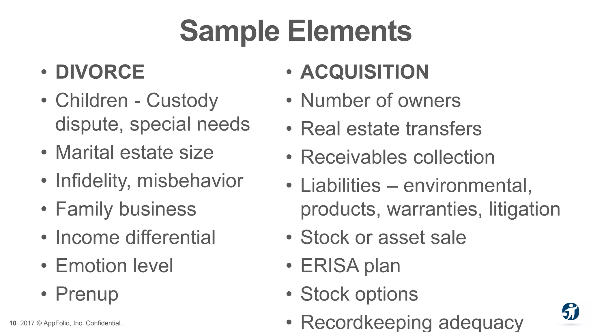 10 2017 © AppFolio, Inc. Confidential.
Sample Elements
• DIVORCE
• Children - Custody
dispute, special needs
• Marital estate size
• Infidelity, misbehavior
• Family business
• Income differential
• Emotion level
• Prenup
• ACQUISITION
• Number of owners
• Real estate transfers
• Receivables collection
• Liabilities – environmental,
products, warranties, litigation
• Stock or asset sale
• ERISA plan
• Stock options
• Recordkeeping adequacy
 