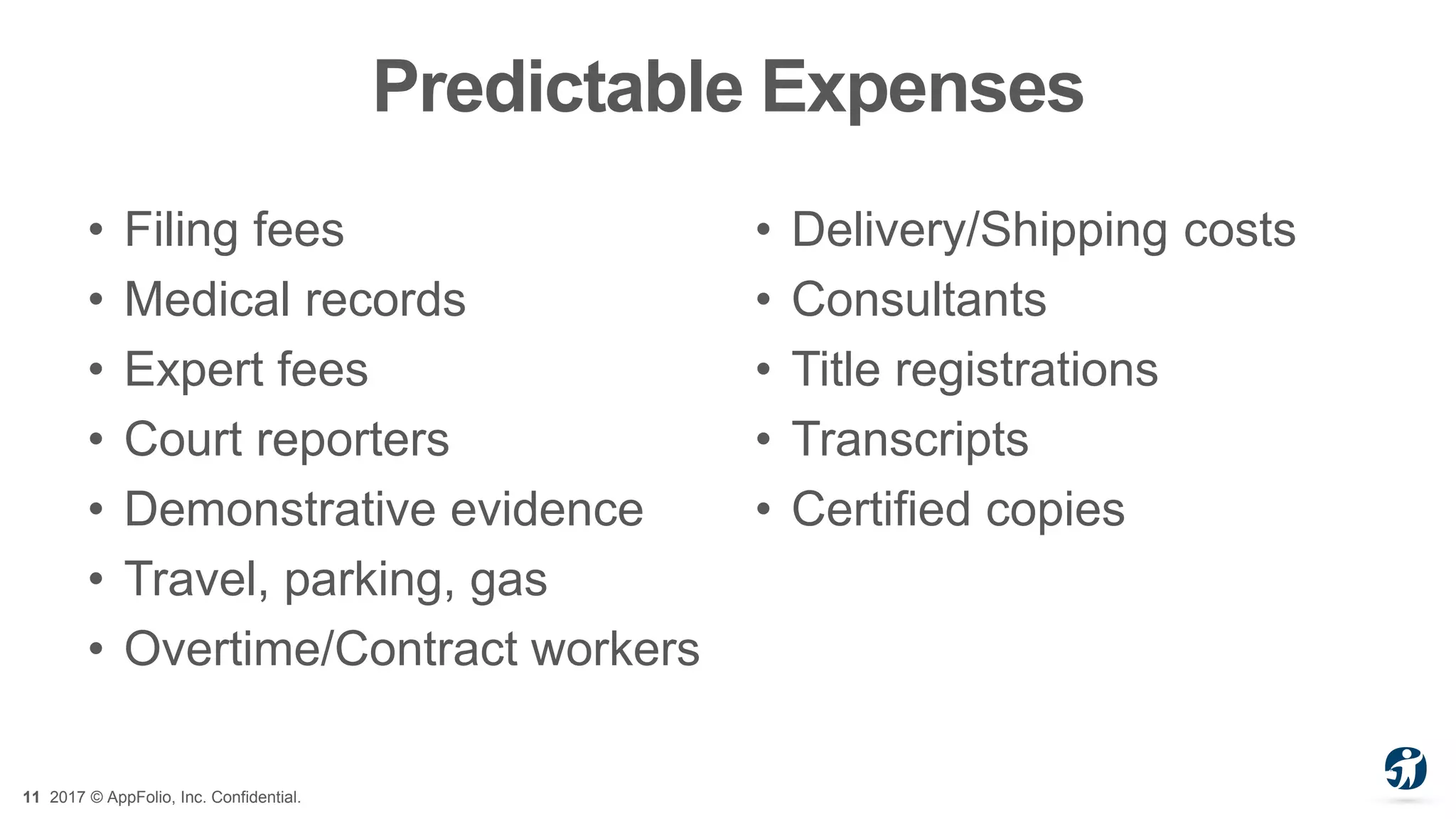 11 2017 © AppFolio, Inc. Confidential.
Predictable Expenses
• Filing fees
• Medical records
• Expert fees
• Court reporters
• Demonstrative evidence
• Travel, parking, gas
• Overtime/Contract workers
• Delivery/Shipping costs
• Consultants
• Title registrations
• Transcripts
• Certified copies
 