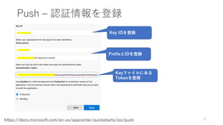 Push – 認証情報を登録
35
https://docs.microsoft.com/en-us/appcenter/quickstarts/ios/push
Key IDを登録
PrefixとIDを登録
Keyファイルにある
Tokenを登録
 