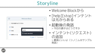 Storyline
• Welcome Blockから
• [help][stop]インテント
は元からある
• 起動後の発話
> 今日の調子はどうですか
• インテント(リクエスト)
の追加
> 最高にいいよ（シノニム※サンプル
発話）
 