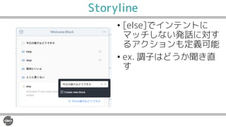 Storyline
• [else]でインテントに
マッチしない発話に対す
るアクションも定義可能
• ex. 調子はどうか聞き直
す
 