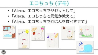 エコちっち (デモ)
• 「Alexa、エコちっちでリセットして」
• 「Alexa、エコちっちで元気か教えて」
• 「Alexa、エコちっちでごはんを食べさせて」
 