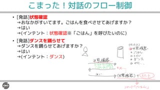 こまった！対話のフロー制御
• [発話]状態確認
→おなかがすいてます。ごはんを食べさせてあげますか？
→はい
→(インテント：状態確認※「ごはん」を呼びたいのに)
• [発話]ダンスを踊らせて
→ダンスを踊らせてあげますか？
→はい
→(インテント：ダンス)
 