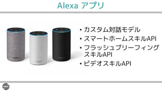 Alexa アプリ
• カスタム対話モデル
• スマートホームスキルAPI
• フラッシュブリーフィング
スキルAPI
• ビデオスキルAPI
 